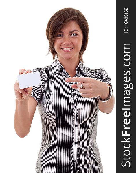 Image of pretty business woman holding a white business card pointing to it. Image of pretty business woman holding a white business card pointing to it