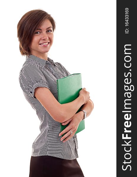 Portrait of smiling busy business woman with folder, isolated on white