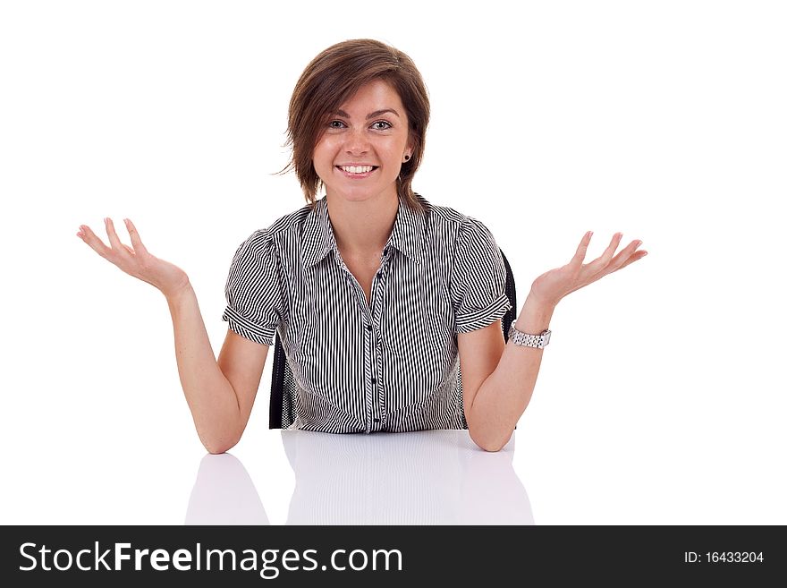 Portrait of a young business woman. with both her hands outstretched, as though she is presenting something. Portrait of a young business woman. with both her hands outstretched, as though she is presenting something