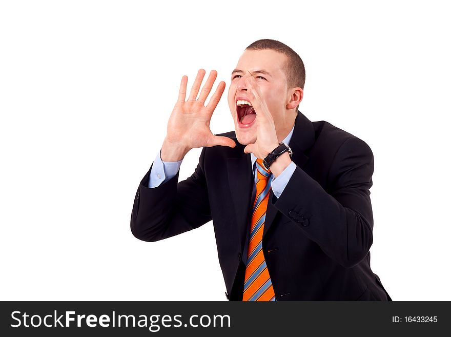 Closeup portrait of a young man screaming out loud on a white background