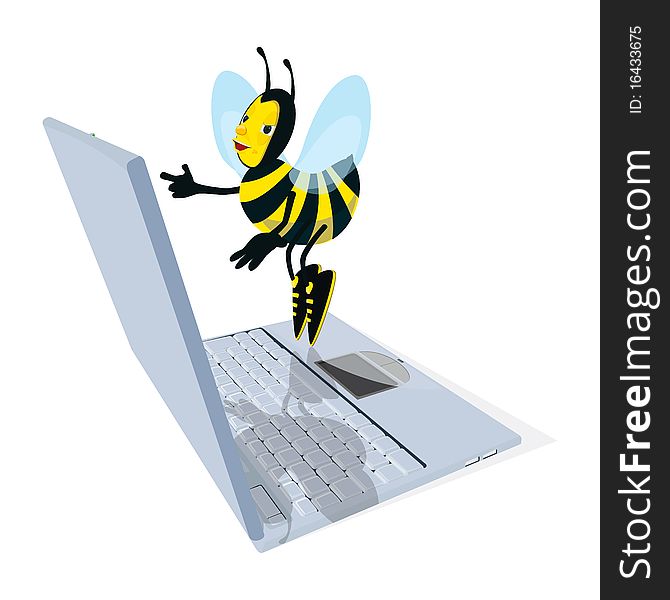 A cartoon honeybee flying with laptop on white background. A cartoon honeybee flying with laptop on white background