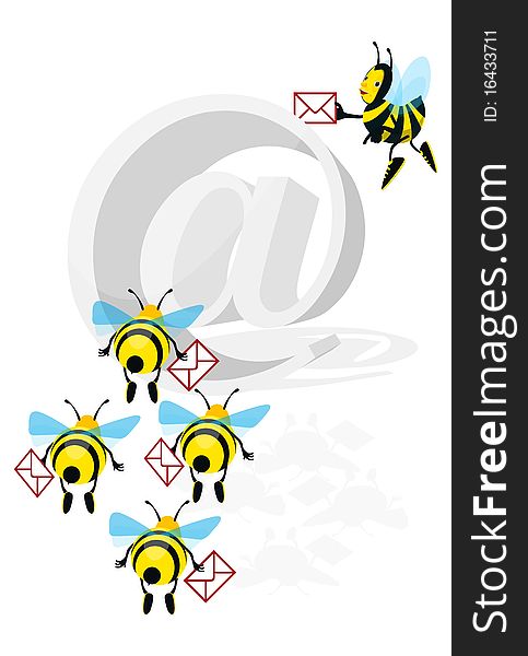 A cartoon honeybee flying with letter and e-mail symbol on white background. A cartoon honeybee flying with letter and e-mail symbol on white background