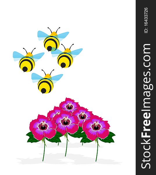 A cartoon honeybee flying with Camellia on white background. A cartoon honeybee flying with Camellia on white background