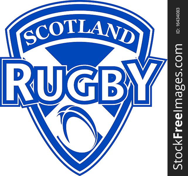 Illustration of an icon showing a shield and rugby ball with words rugby scotland. Illustration of an icon showing a shield and rugby ball with words rugby scotland