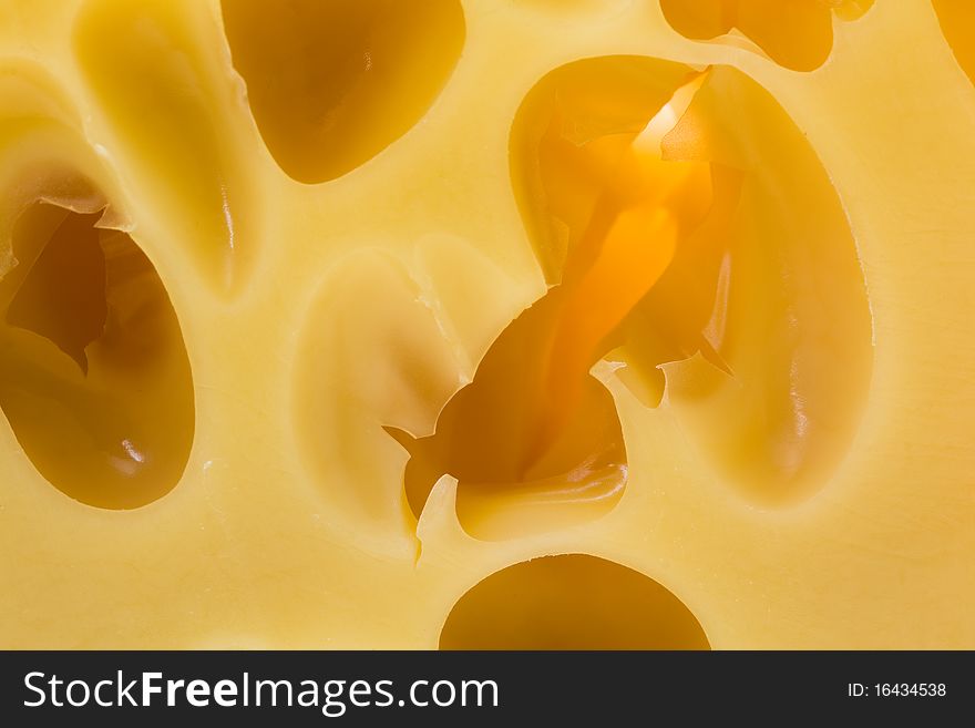 Yellow cheese with holes photographed close up
