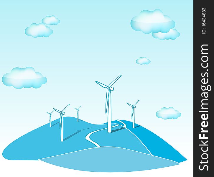 Illustration of wind turbines and blue sky