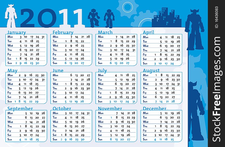 Boy blue calendar with robot, horizontal format with all months together