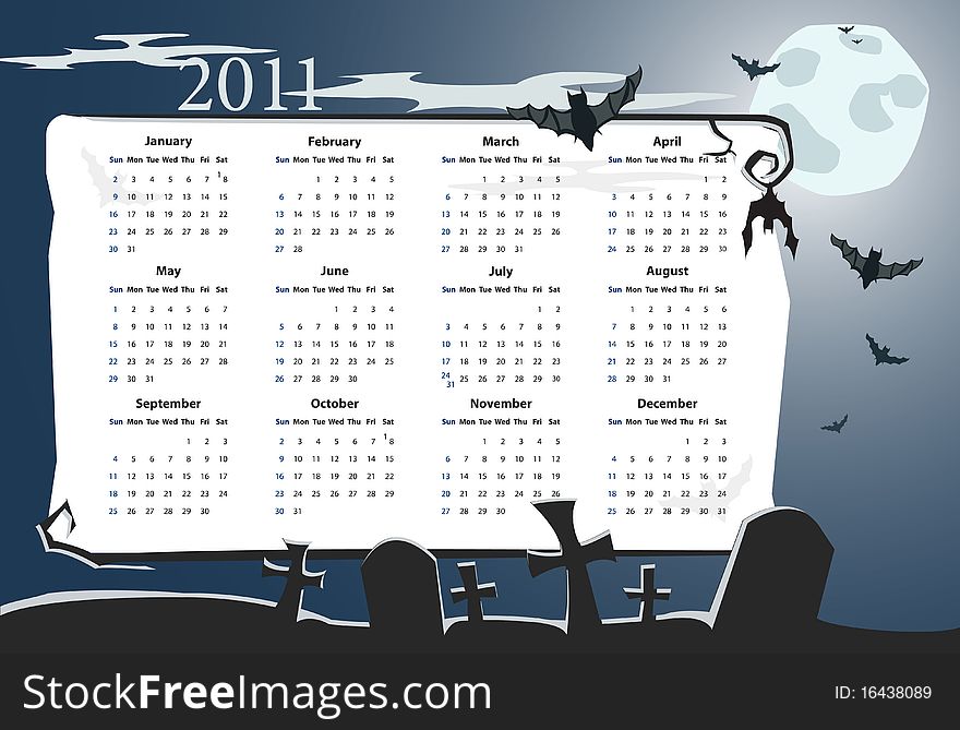 Vector American Halloween calendar 2011 with cemetery, full moon and bats (starting from Sundays). Vector American Halloween calendar 2011 with cemetery, full moon and bats (starting from Sundays)