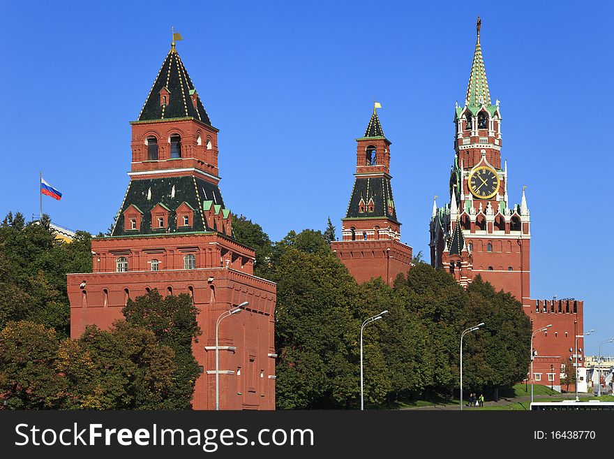 View of a towers of  Kremlin wall from bridge. View of a towers of  Kremlin wall from bridge