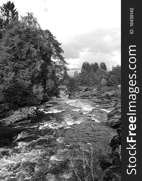 A view of the upper falls on the river Dochart at Killin in highland Perthshire