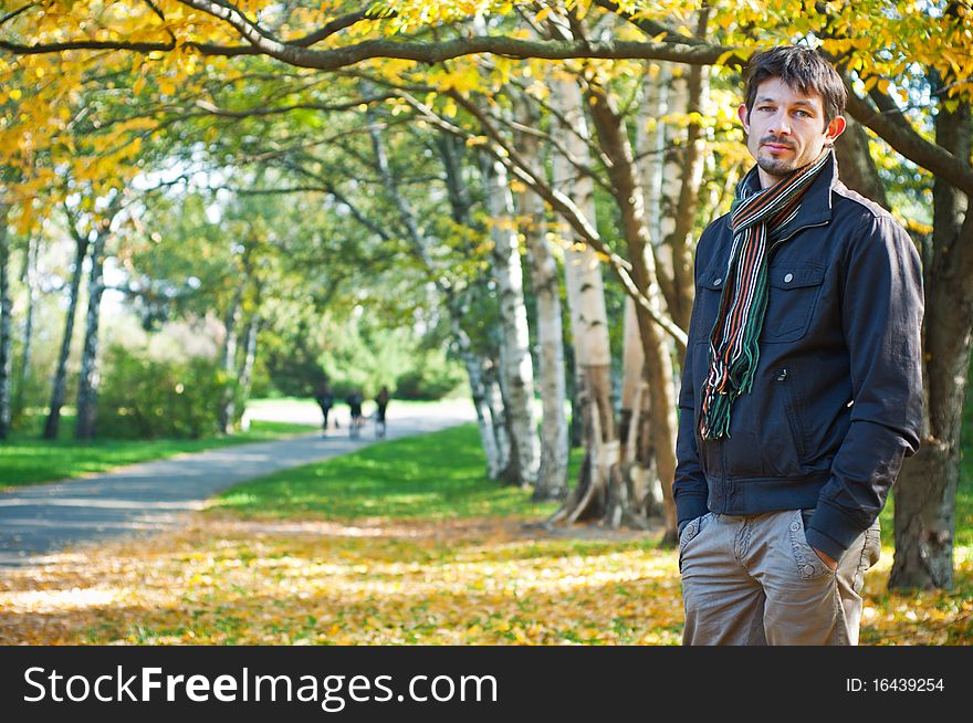 Portrait of a young beautiful man on autumn walk