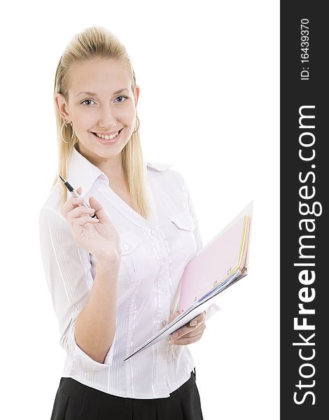 Smiling girl with pen and copybook