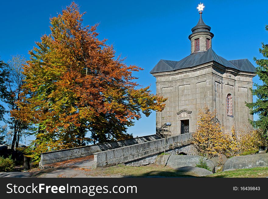 Stone baroque chapel in Broumov Walls in the Czech Republic.