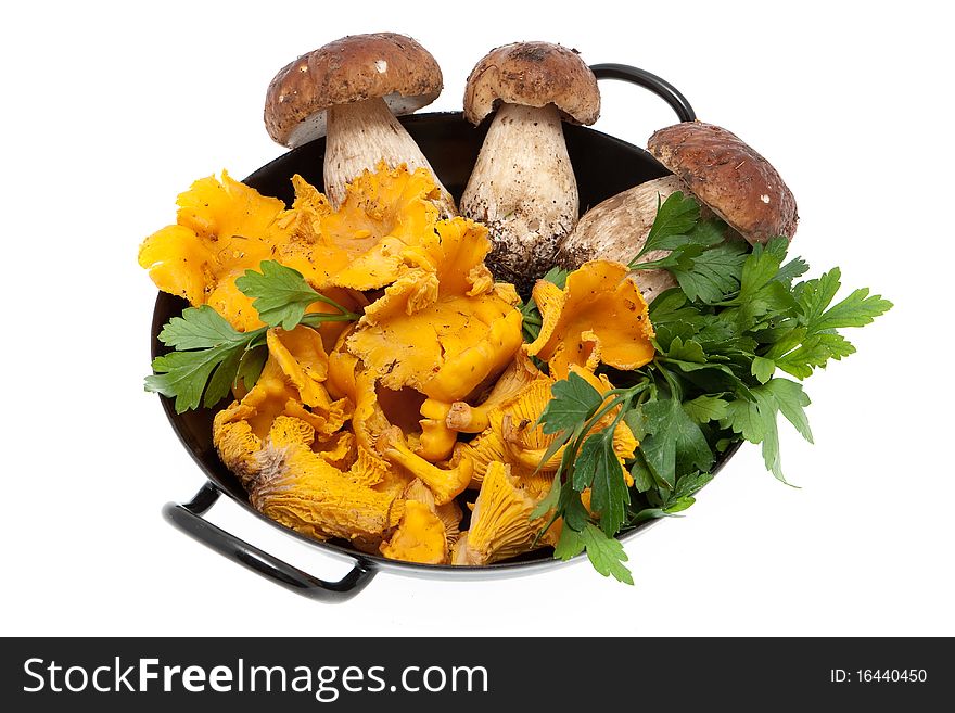 Mushrooms in frying pan, boletes and chanterelle for cooking