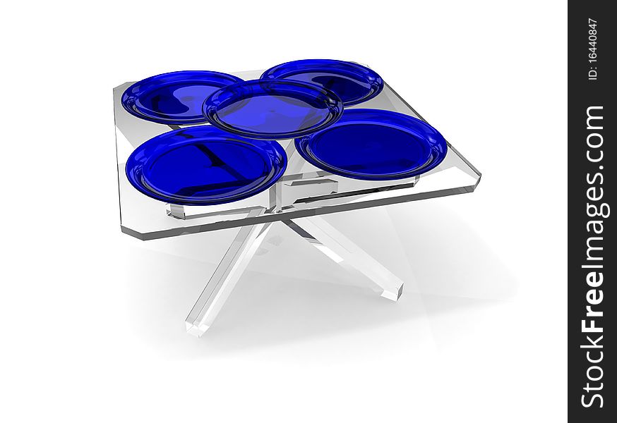 Blue glass plates on transparent table. Blue glass plates on transparent table