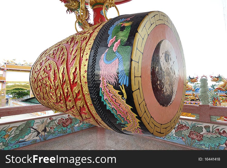 Big old chinese drum with gold pattern