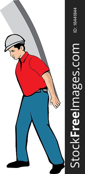 Drawing of a construction worker carrying a wood board. Drawing of a construction worker carrying a wood board