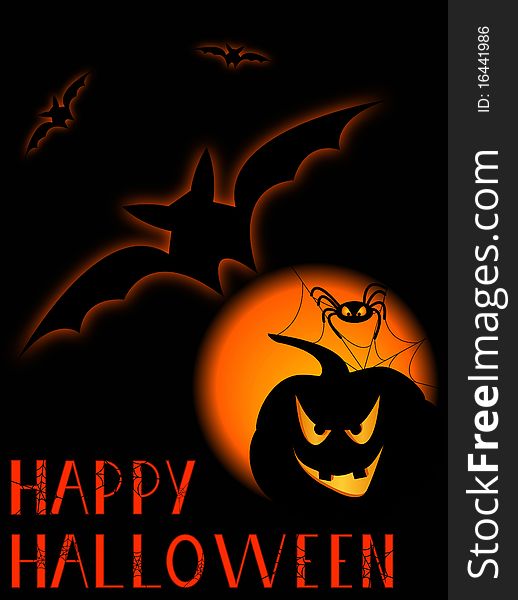 Pumpkin, bats and moon on black background. Greeting inscription. Raster image. Pumpkin, bats and moon on black background. Greeting inscription. Raster image.