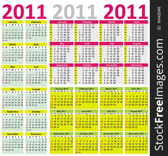 Colorful Calendars set for Year 2011, week starts on Sunday. Colorful Calendars set for Year 2011, week starts on Sunday.