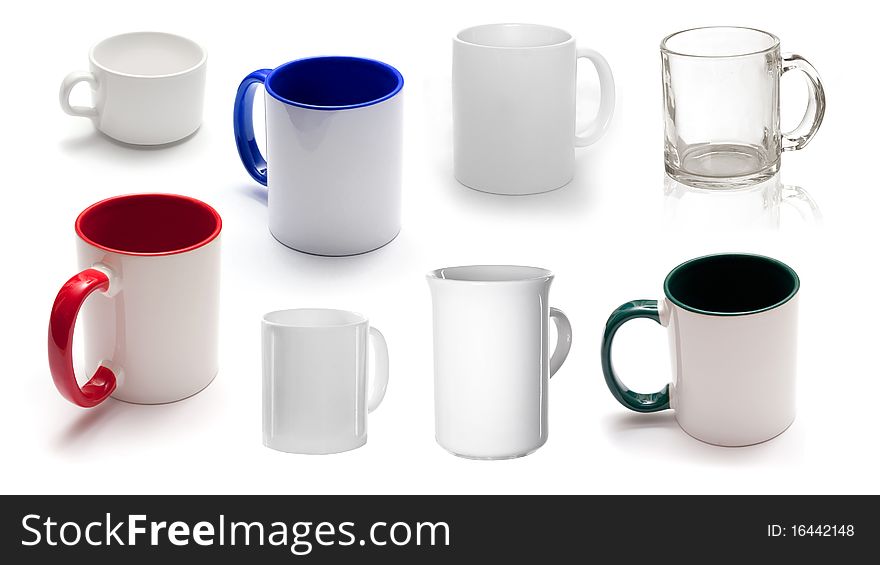 Eight different cups isolated on a white background