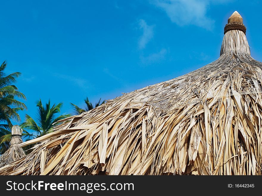 Standing sun umbrella of reeds on the beach with sky in the background. Standing sun umbrella of reeds on the beach with sky in the background