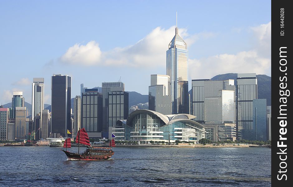 Hong Kong Victoria Harbor with Chinese Boat. Hong Kong Victoria Harbor with Chinese Boat