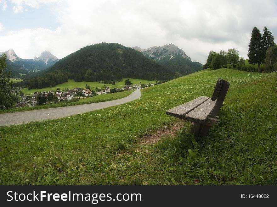 Bench on the Dolomites Mountains, Italy. Bench on the Dolomites Mountains, Italy