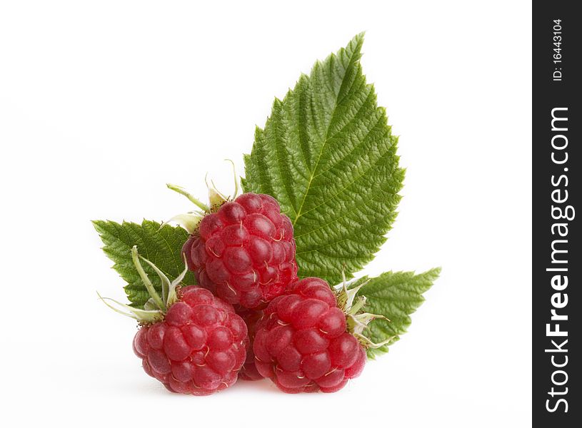Raspberry with leaves on a white background