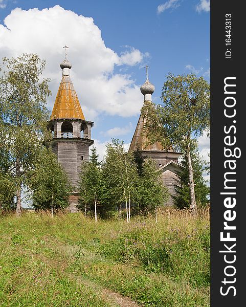 Ancient wooden church and bell tower