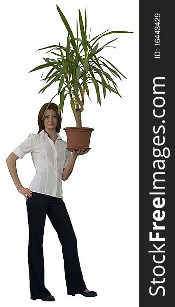 Woman with plant in flowerpot isolated