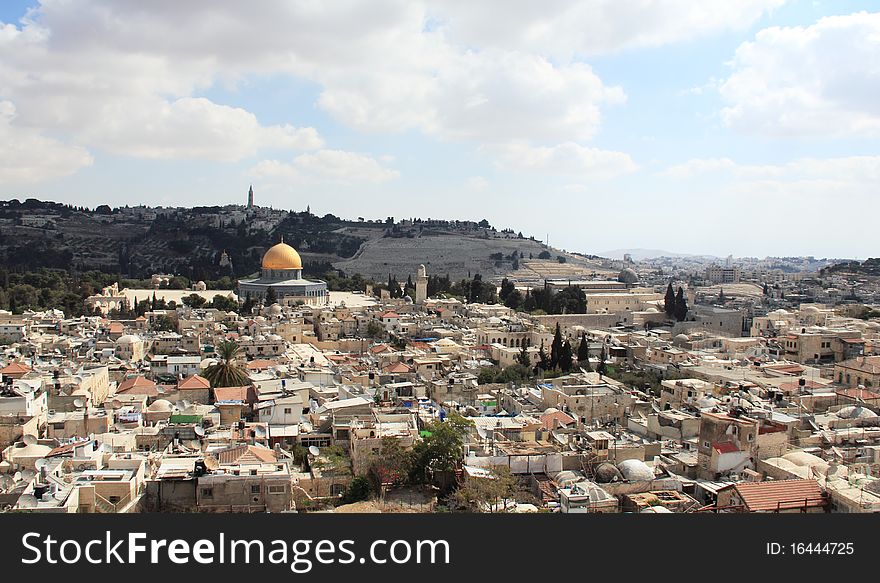 Old city of Jerusalem. Temple Mount: Dome on the Rock, Russian church, jewish cemetery. Everything is close.