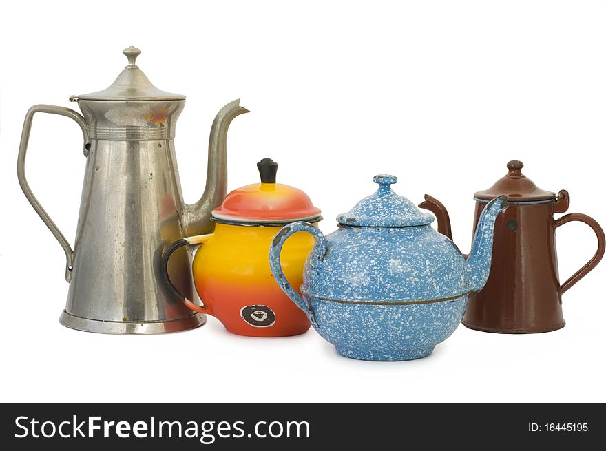 Set of old kettles, isolated on white background