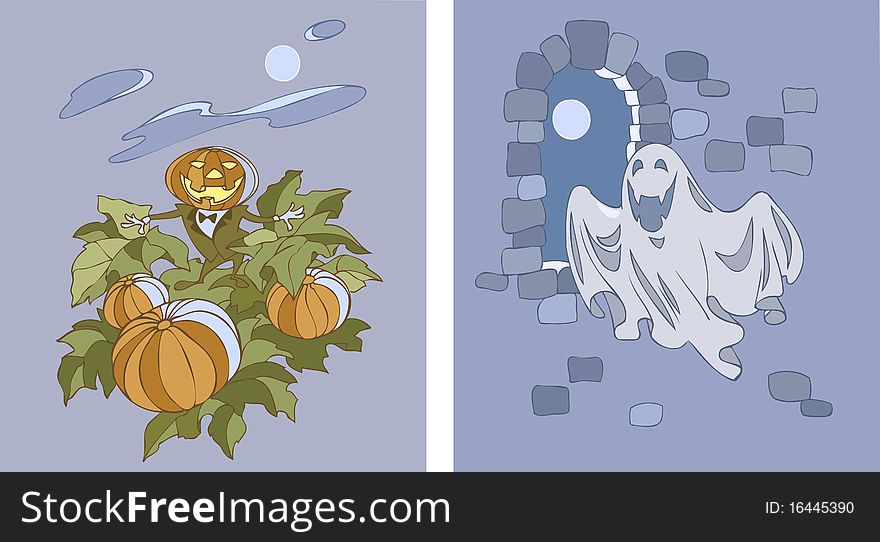 Two vector illustrations of halloween characters - Pumpkinhead and ghost