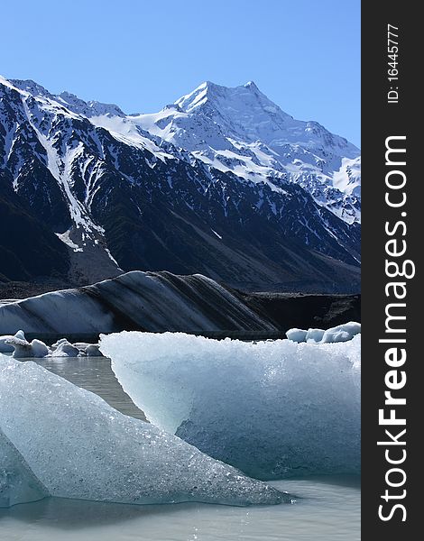 Icebergs floating in the Tasman lake with Aoraki/Mt Cook in the background.