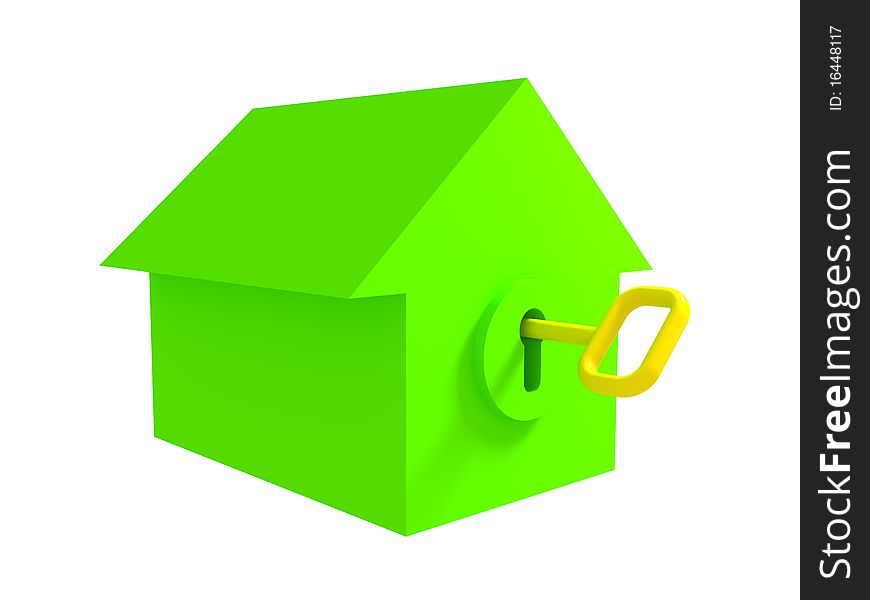 Green house with inserted gold key, white background. Green house with inserted gold key, white background