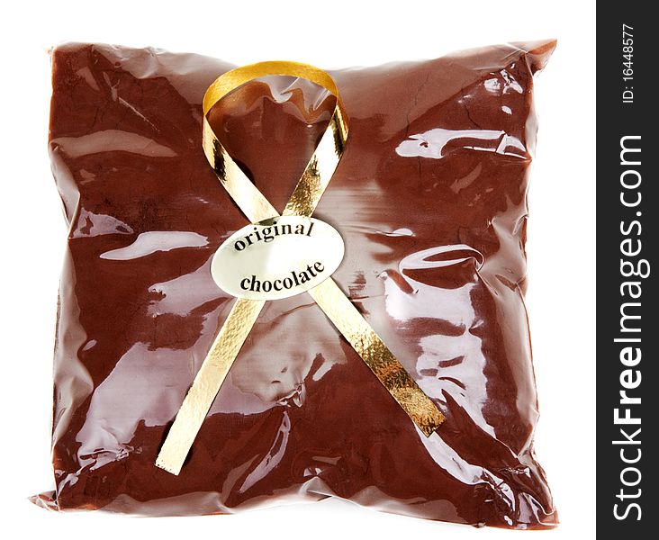 Chocolate powder in gift package and golden tape on white background