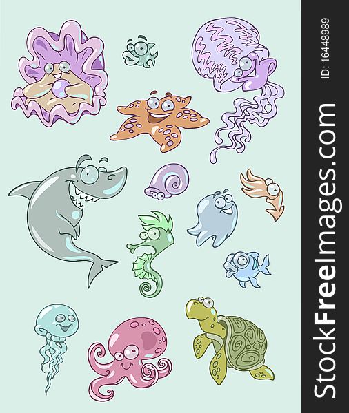 Colorful vector illustration of different sea animals and fish. Colorful vector illustration of different sea animals and fish