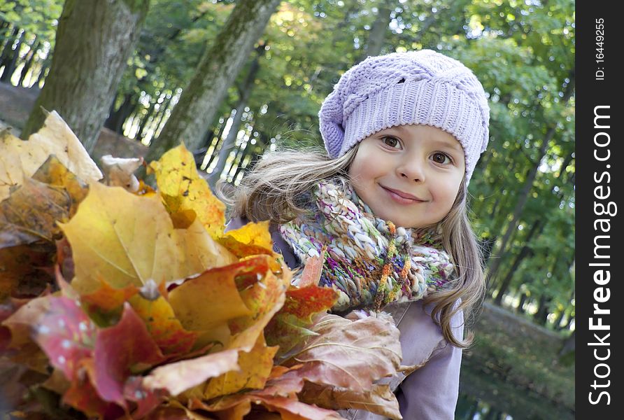 The joyful child holds in a hand a bouquet from the fallen down leaves. The joyful child holds in a hand a bouquet from the fallen down leaves