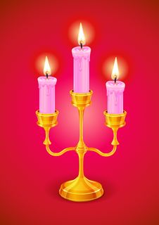 Gold Candlestick With Three Burning Candle Stock Image