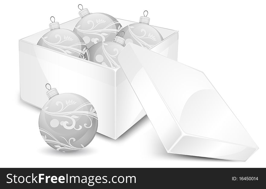 Gift box with christmas balls in white, illustration. Gift box with christmas balls in white, illustration