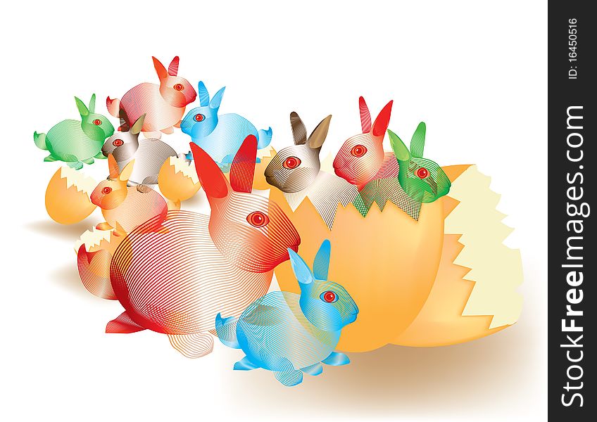 A group of colorful Easter bunnies on a white background. A group of colorful Easter bunnies on a white background