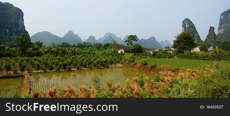 A mountain and rural panoramic Landscape of Yangshuo, China. A mountain and rural panoramic Landscape of Yangshuo, China