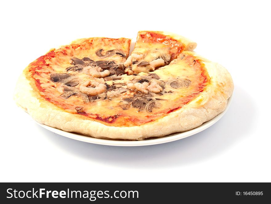 Pizza with mushrooms on a white background