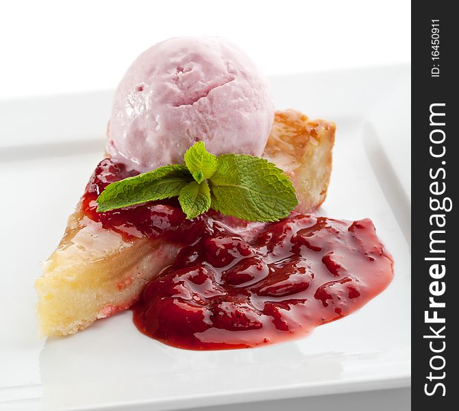 Dessert - Pear Cake with Berries Ice Cream and Jam. Dessert - Pear Cake with Berries Ice Cream and Jam