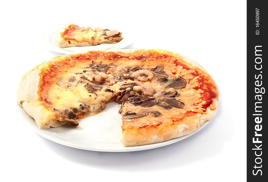 Pizza with mushrooms on a white background