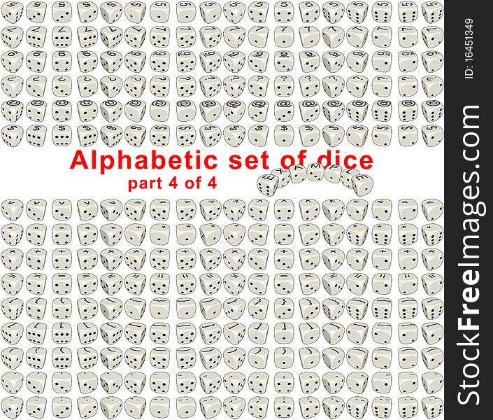 Sprites set Alphabetic Dice it's full set consist from letters, digits and signs on a top side of the dice. Dice are rotated on 360 ï¿½ï¿½ï¿½ï¿½ï¿½ï¿½ï¿½ï¿½ with step of 20 degrees. On lateral sides dice looks like usual dice. By means of the given set it is possible to make any inscription from dice. Each sprite have size 256x256 pixels. Part 4 of 4. Sprites set Alphabetic Dice it's full set consist from letters, digits and signs on a top side of the dice. Dice are rotated on 360 ï¿½ï¿½ï¿½ï¿½ï¿½ï¿½ï¿½ï¿½ with step of 20 degrees. On lateral sides dice looks like usual dice. By means of the given set it is possible to make any inscription from dice. Each sprite have size 256x256 pixels. Part 4 of 4