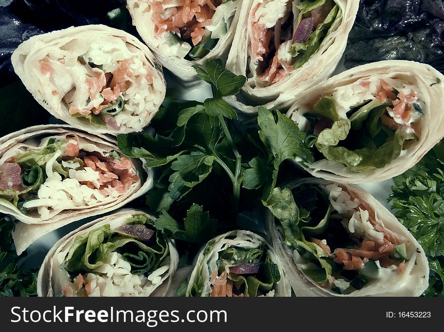 Rolls made of lavash with vegetables. Rolls made of lavash with vegetables