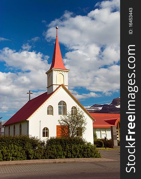 Red And White Church Faskrudsfjordur