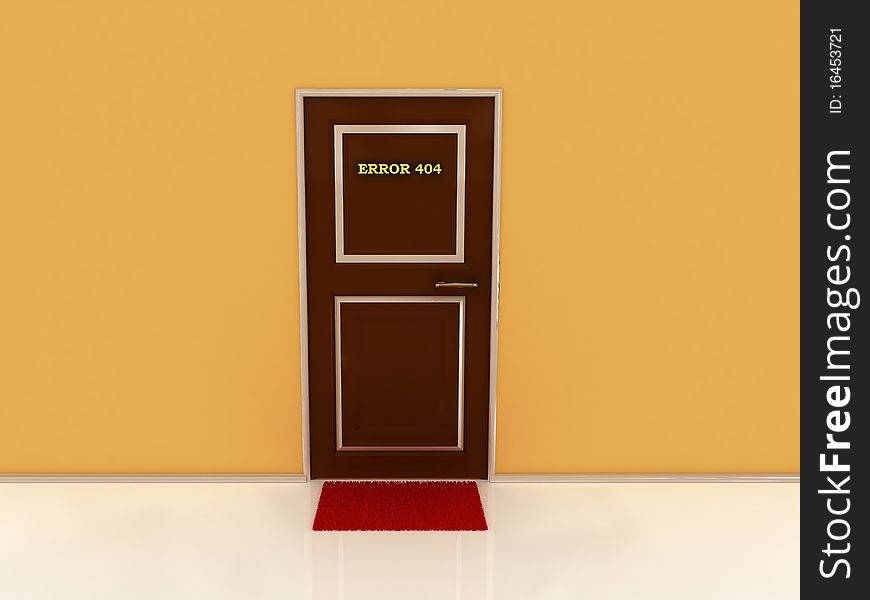 Brown door marked error 404 and red rug. 3D