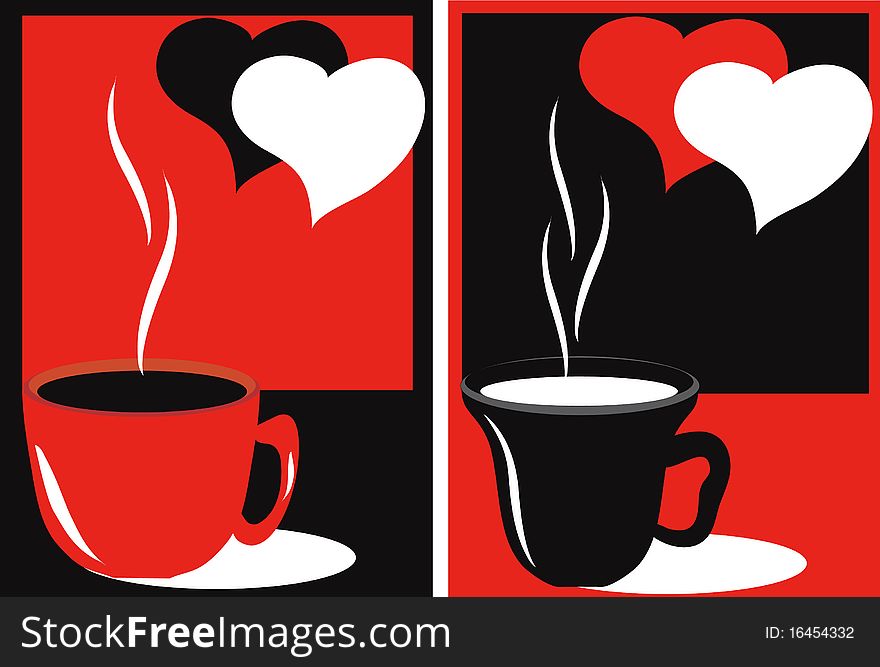 Abstraction with cups of tea amd hearts,red-black colors. Abstraction with cups of tea amd hearts,red-black colors.